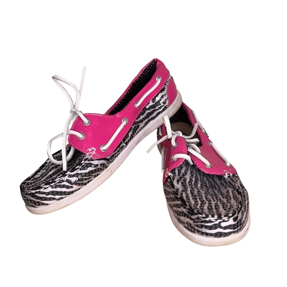 Size 8 Bobs Boat Shoes Zebra Sequins Black White Pink Lace Up Casual EDS Comfort